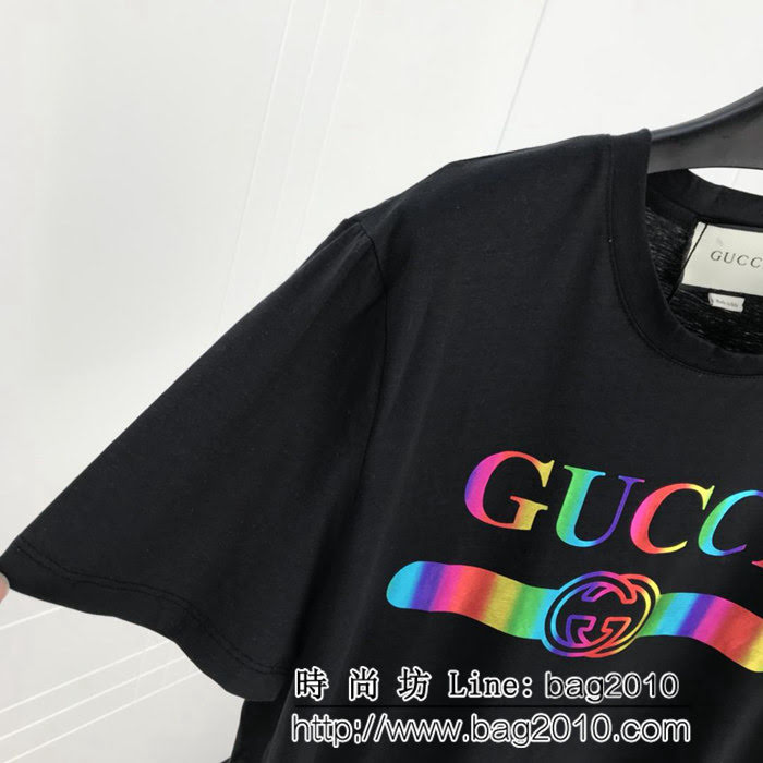 GUCCI古馳 19早春新款 漸變色logo印花 雙股絲光棉短袖 男女同款 ydi1606